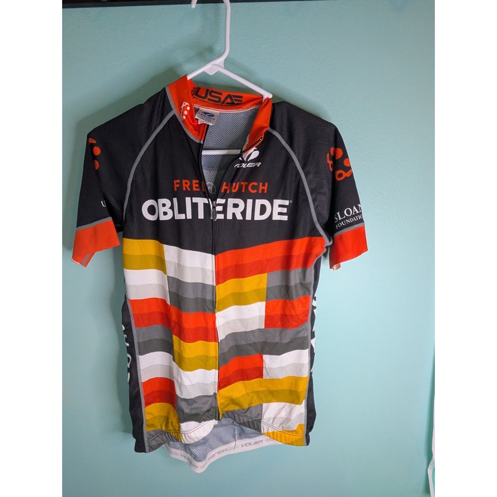 Voler Womens Large Obliteride Cycling Jersey Orange Yellow Geometric Full‎ Zip